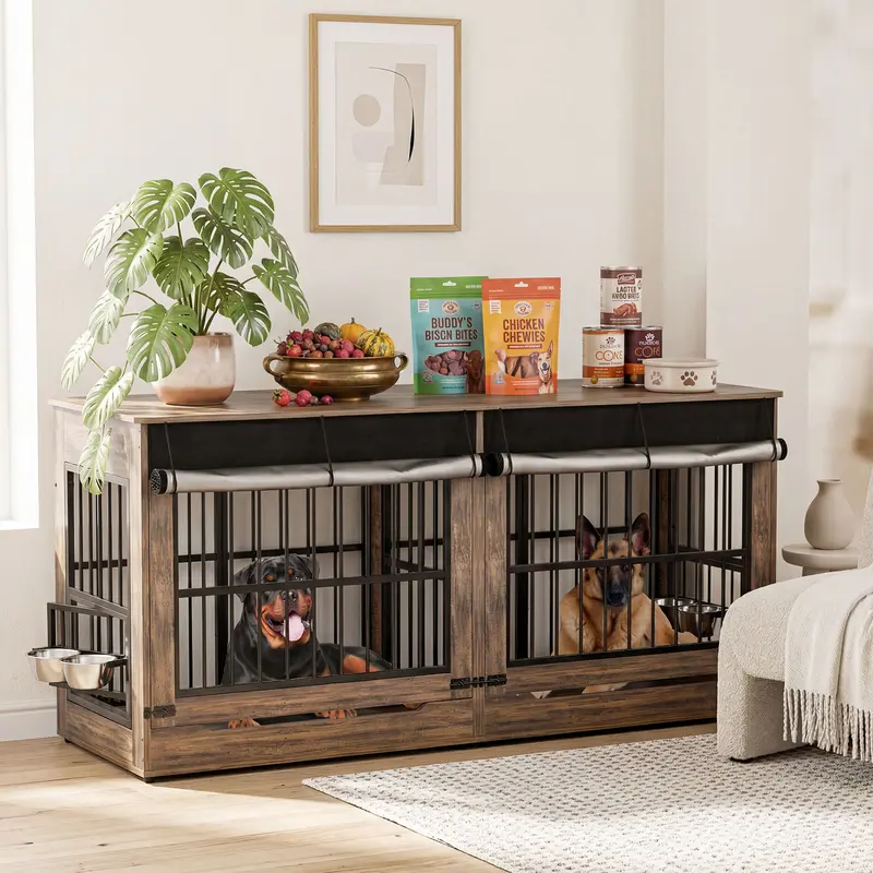 【SohoChic】ZZWHOM Steel Wood Dog Crate Furniture - Lockable Double Door Kennel with Escape-Proof Doors, Flip-Up Access, Wheels, Non-Skid Base, Minimal Assembly Required, Home Decor-Friendly for Medium to Giant Breeds (32,38,42,46,48,78in),familyfun