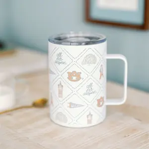 White, Orange, and Blue Plaid 16 oz Insulated Mug with Oak Tree & Clock Tower Design Game Day Essential