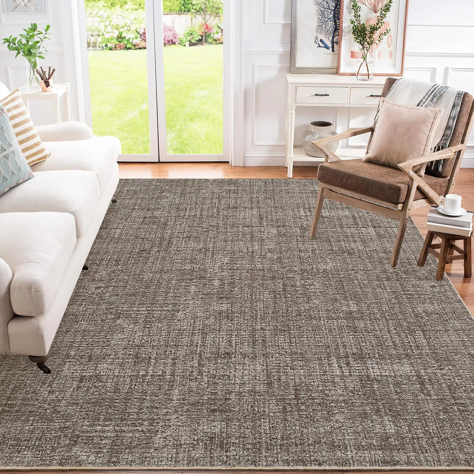Modern Solid 5x7 Area Rugs for Living Room Bedroom,Trendy Faded Style Washable Rug for Dining Room, Low Pile Non-Slip Stain-Resistant Neutral Rugs for Under Table Home Office Mat Brown