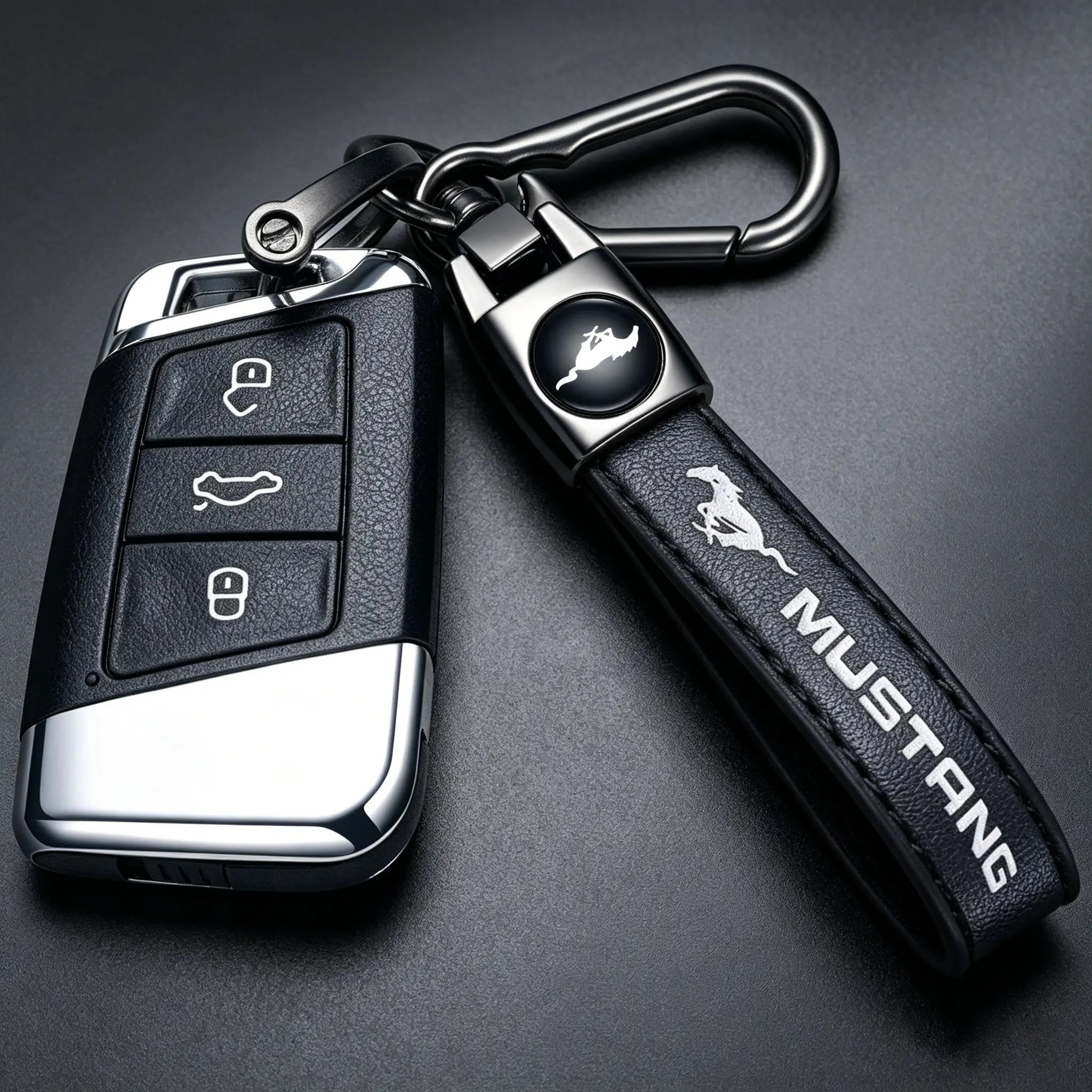 Genuine Leather Car Keychain Wristlet with Anti-Lost D-Ring - Ford Mustang Compatible Key Fob Holder, Stylish Black Automotive Accessory Gift for Men, Ideal for Birthday, Father's Day, Family Car Key Chains