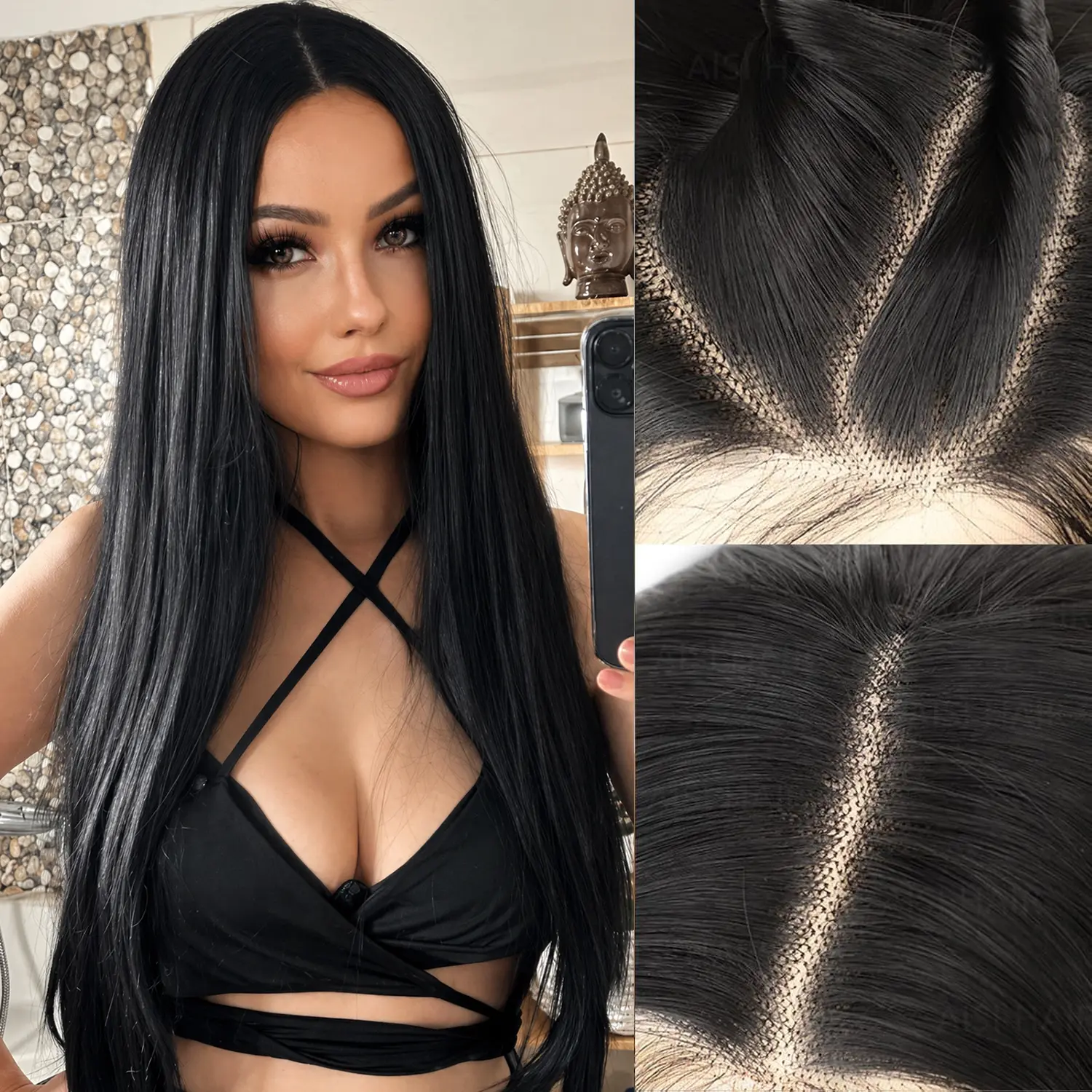 [AISI HAIR] 5X7  Black Straight Lace Front Wig for Women Synthetic Pre Plucked Blonde Glueless 22inch Wig With Baby Hair for Beginner Friendly
