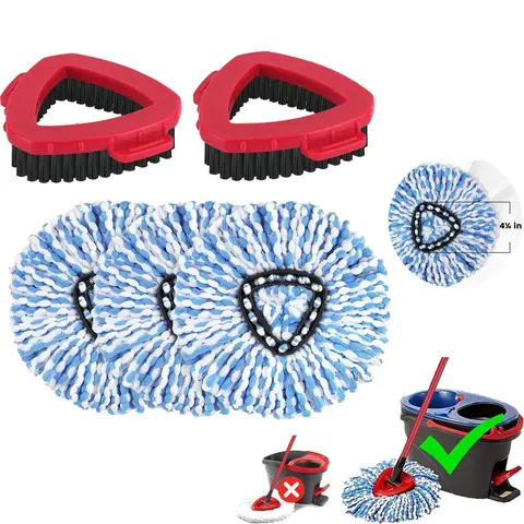 3-Pack Spin Mop Heads & 1 Scrub Brush Set - Fits 2-Tank RinseClean System, Replaceable Mop Refills, Durable Machine Washable Microfiber (Lasts ~1 Year), Dirt-Absorbent Home Cleaning Supplies
