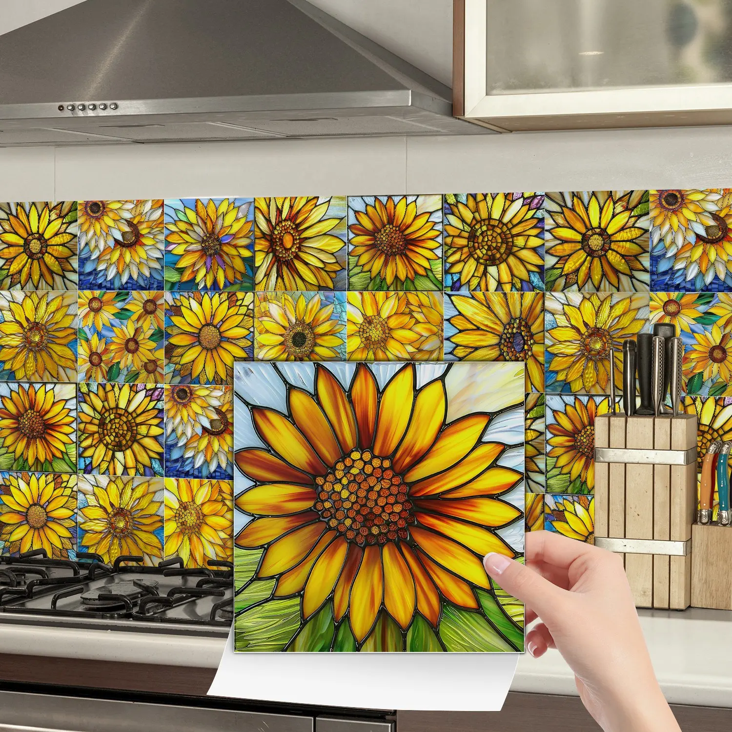 24PCS/Box NHZ Van Gogh-Style Sunflower Stained Glass Patchwork Decorative Home Decor Wall Stickers | Crystal Film Peel & Stick Removable Splash Guard | Waterproof Oil-Proof for Kitchen Bathroom Decoration Furniture Stairs