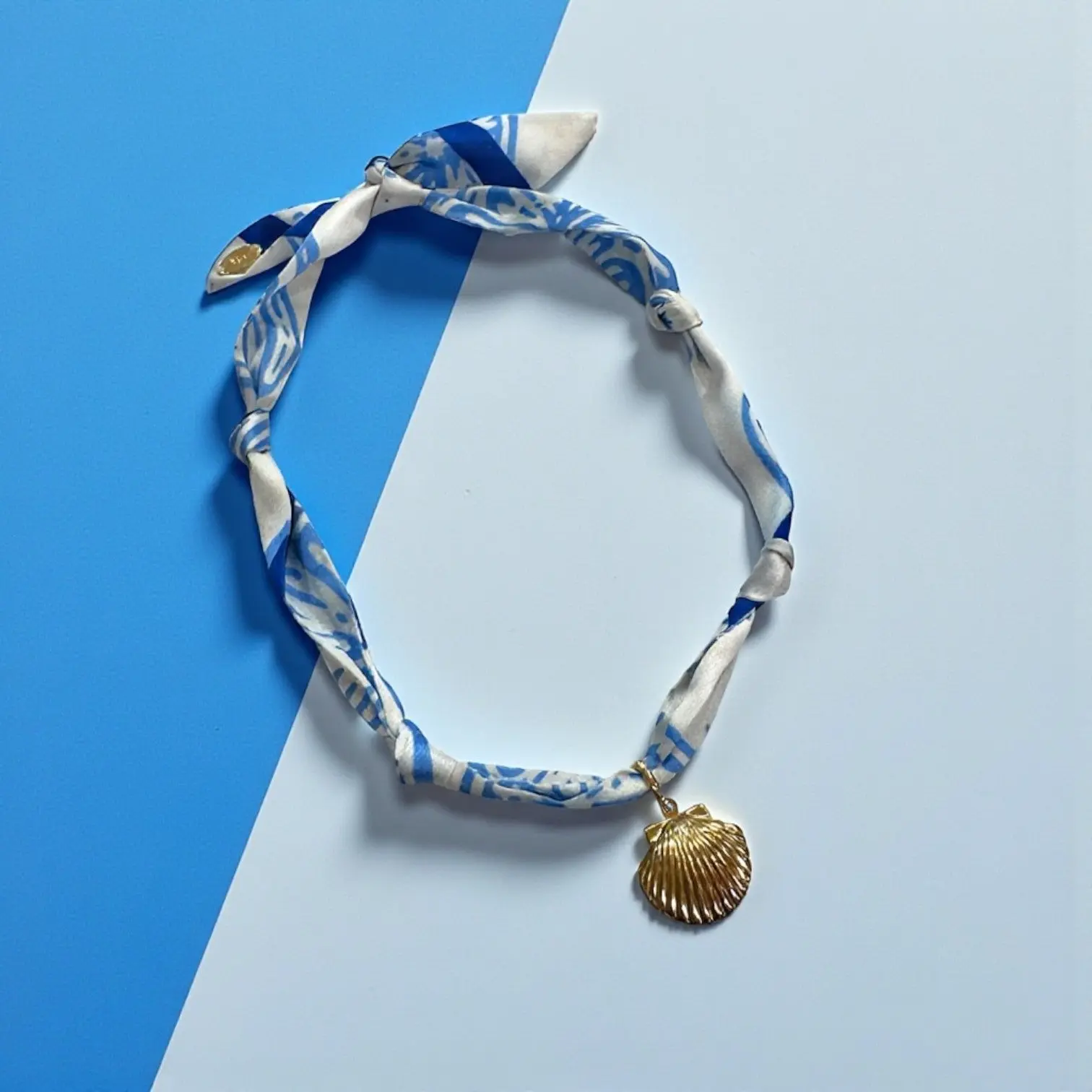 Blue Lemons Silk Scarf Necklace & Shell Locket