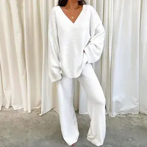 Women's V-Neck Two Piece Loungewear,Comfortable Solid Color Long Sleeve V-Necl Pajama Set with Elastic Waistband, Perfect Women's Pajamas and Loungewear in Winterand Fall,Comfortable Home Warming Set