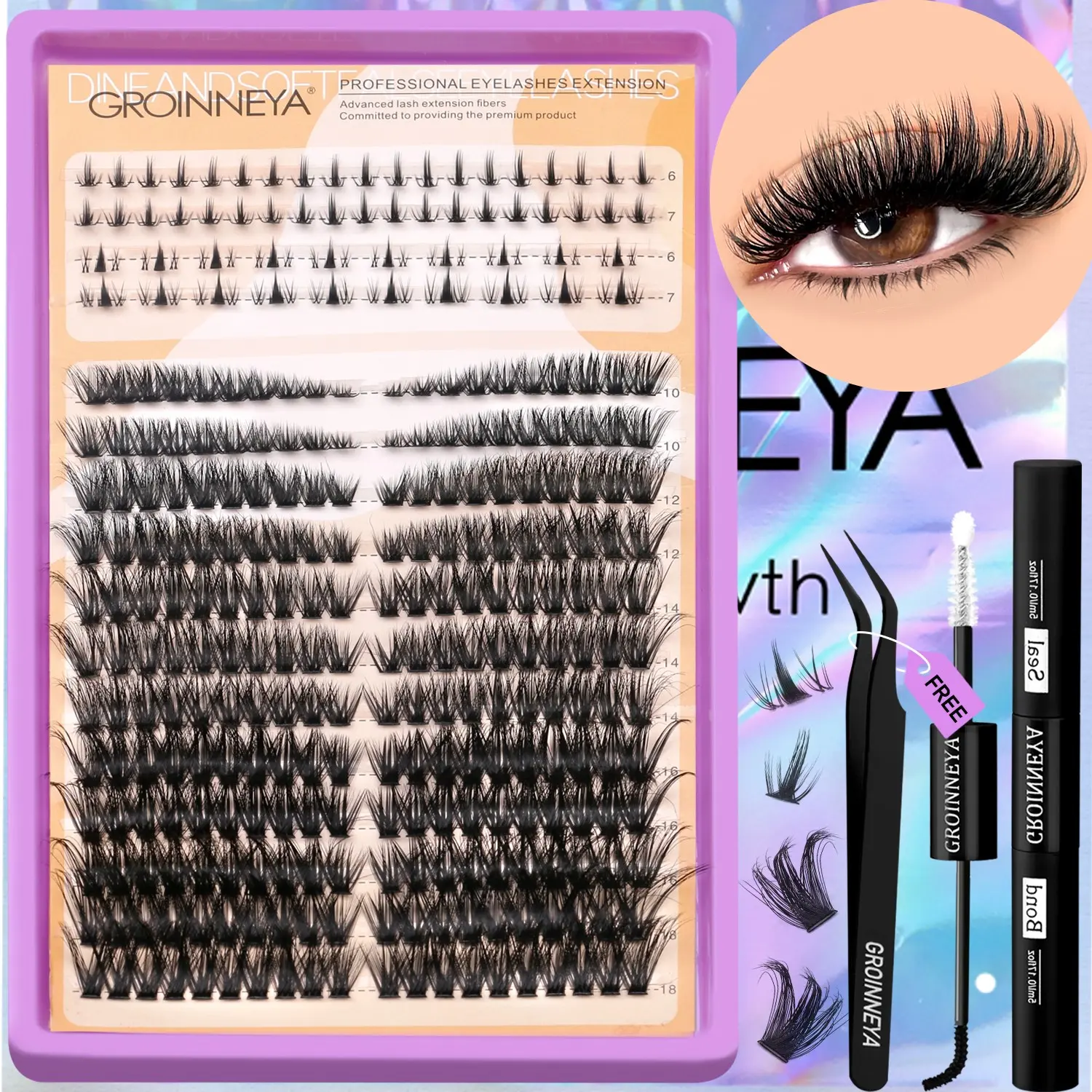 GROINNEYA 16 Rows Mix Length Eyelash Clusters 2 Rows Bottom Eyelashes Clear Thin Band Medusa Lashes Cluster Voluminous 5D Faux Mink Lashes Puffy Airy False Lashes C Curl Individual Lahses With Makeup Tool,Suitable For Any Occasion,Complete Eyelashes Kit