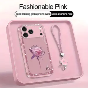 Crystal Rose Art 26 letter Phone Case, Suitable for [iPhone 17 Pro Max] high-end women's, Lanyard a beautiful four-leaf clover lanyard is included🍀 952