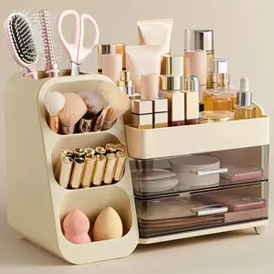HBlife Modern Makeup Organizer with Brush Holder - Large Plastic Vanity & Bathroom Countertop Storage Box for Lipsticks, Nail Polishes, Perfumes for Women, Eyeshadow Palettes, Beige