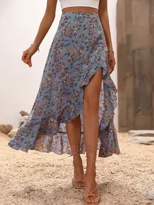 Printed ruffle edge side slit skirt - floral pattern, high waist mid length, summer clothing, women's clothing，garden dresses，summer clothes