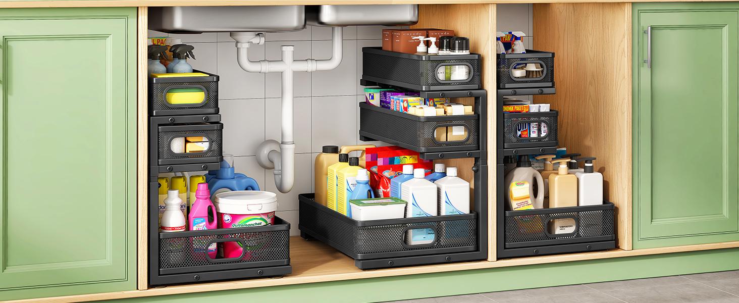 Kitstorack Under Sink Organizer, 2-Pack 3-Tier Height Adjustable Thickened Metal Pull out Cabinet Organizer Shelf, Slide out Storage Drawer Rack for Bathroom Kitchen Pantry Home Laundry Organization