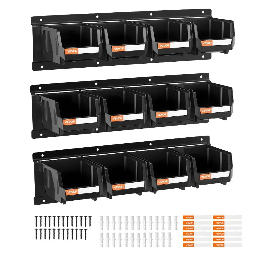 【DealsForYouDays】Father's Day Gift Black Wall-Mounted Stackable Reusable Storage Bins - 12 Plastic Tool Boxes with 3 Metal Rails, Hanging Hardware, Space-Saving Organizer for Workshop, Garage, Reusable Storage Box