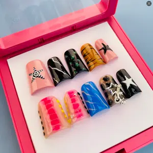 FY117-22-10 Pcs Handmade Duck Nails Carnival Holo｜Neon Dots & Rainbow Gems｜Gen Z Street Cred