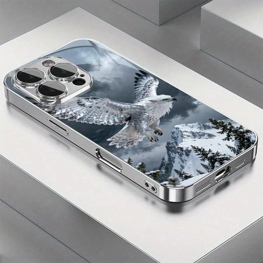 Snow Mountain Silver Eagle 2D Pattern Glass Smartphone Casing - Full Body Shockproof Cover for iPhone 11-16, 16 Pro Max, 17 Air, 14 PLUS & Samsung Galaxy S22-S25 Ultra, FE - Furry Luxury Black 2025 Creative Unique Handheld Cellphone Devices Protection