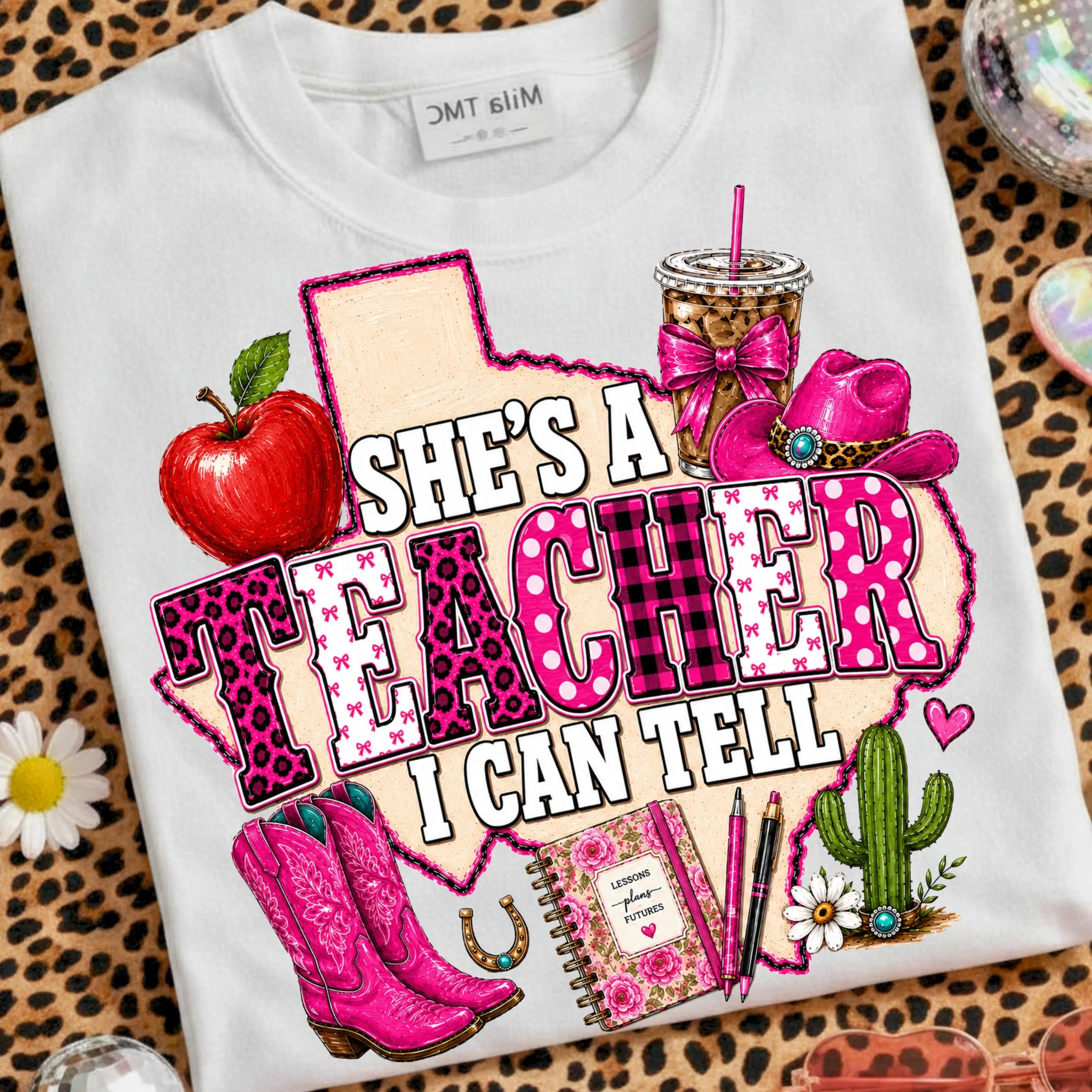 She is A Teacher I Can Tell comfort color t-shirt, Western School Texas Leopard Bow Sublimation Tee