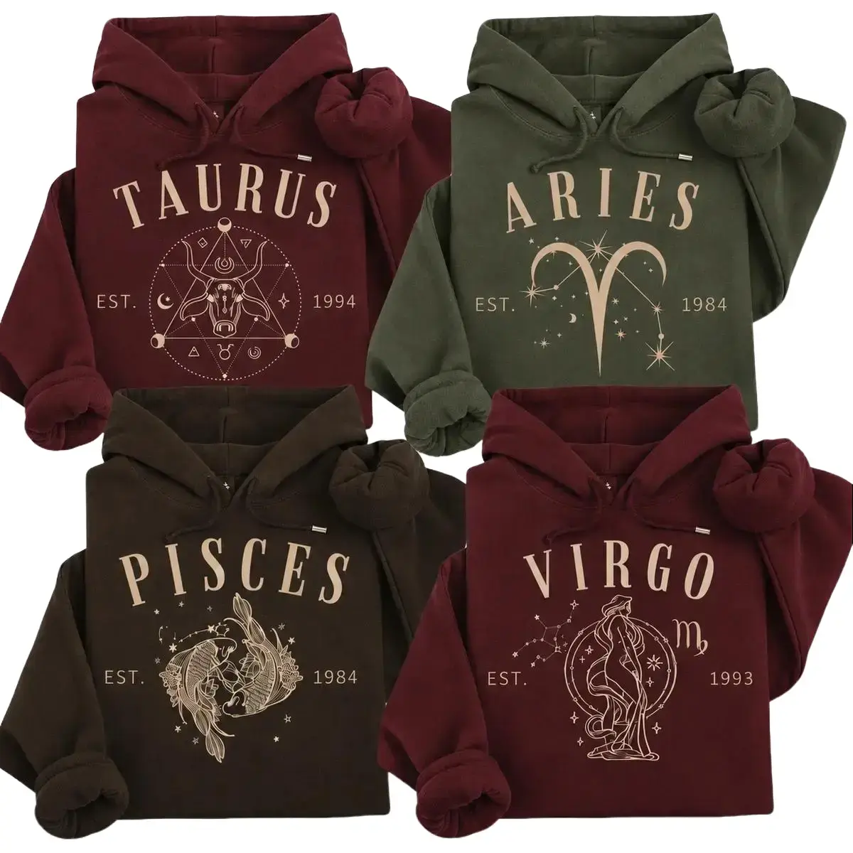 ( Leave Add Note or Remove EST Remove Year) Full 12 Zodiac Hoodie, Taurus Aries Pisces Virgo Astrology Pullover, Vintage Celestial Graphic Sweatshirt, Birthday Gift for Women and Zodiac Lovers - TrendWear USA