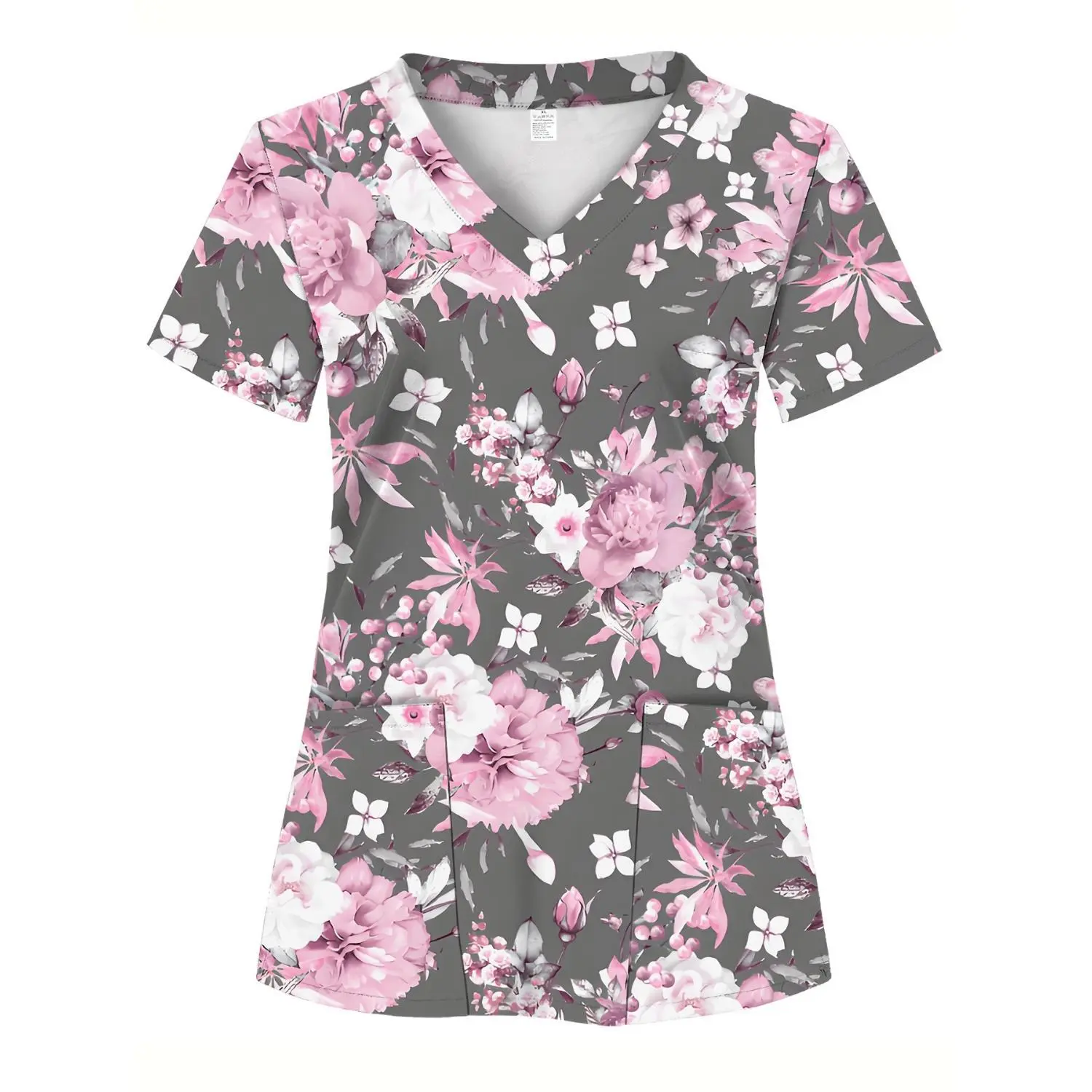 Women’s Pink and White Floral Print Scrub Top, 2-Pocket Design - Soft, Breathable, and Comfortable Uniform for Healthcare Professionals in Hospitals, Dental Clinics, and Salons