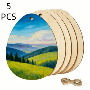 5 pieces of wooden Easter Egg Cutouts Unfinished Multi-Shaped Hanging Decorations DIY Craft Gift Tags 0.11 Inch with Holes for Thanksgiving Christmas Home Party
