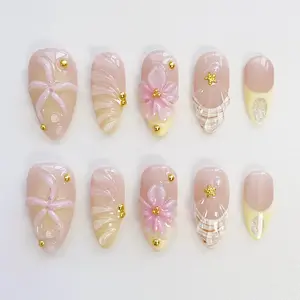 Starfish Flower Press On Nails, Elegant Almond Shell Nails, Ocean Inspired Beach Nails, Handmade Gel Nails, Summer Mermaid Nail Set