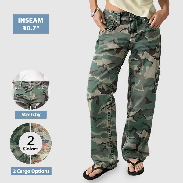 Flamingals Stretchy Camo Print Mid Rise Straight Leg Pants Womenswear Flamingals Stretchy Camo Print Mid Rise Straight Leg Pants Womenswear