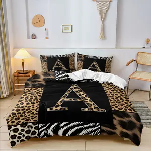 Customizable Letter A-Z Leopard Print Duvet Cover Set, Includes 1 or 2 Pillowcases, Modern Animal Pattern Bedding Set, Soft & Lightweight Bedding Set, Bedroom Decor, Custom Birthday Gift, Bed Quilt Cover