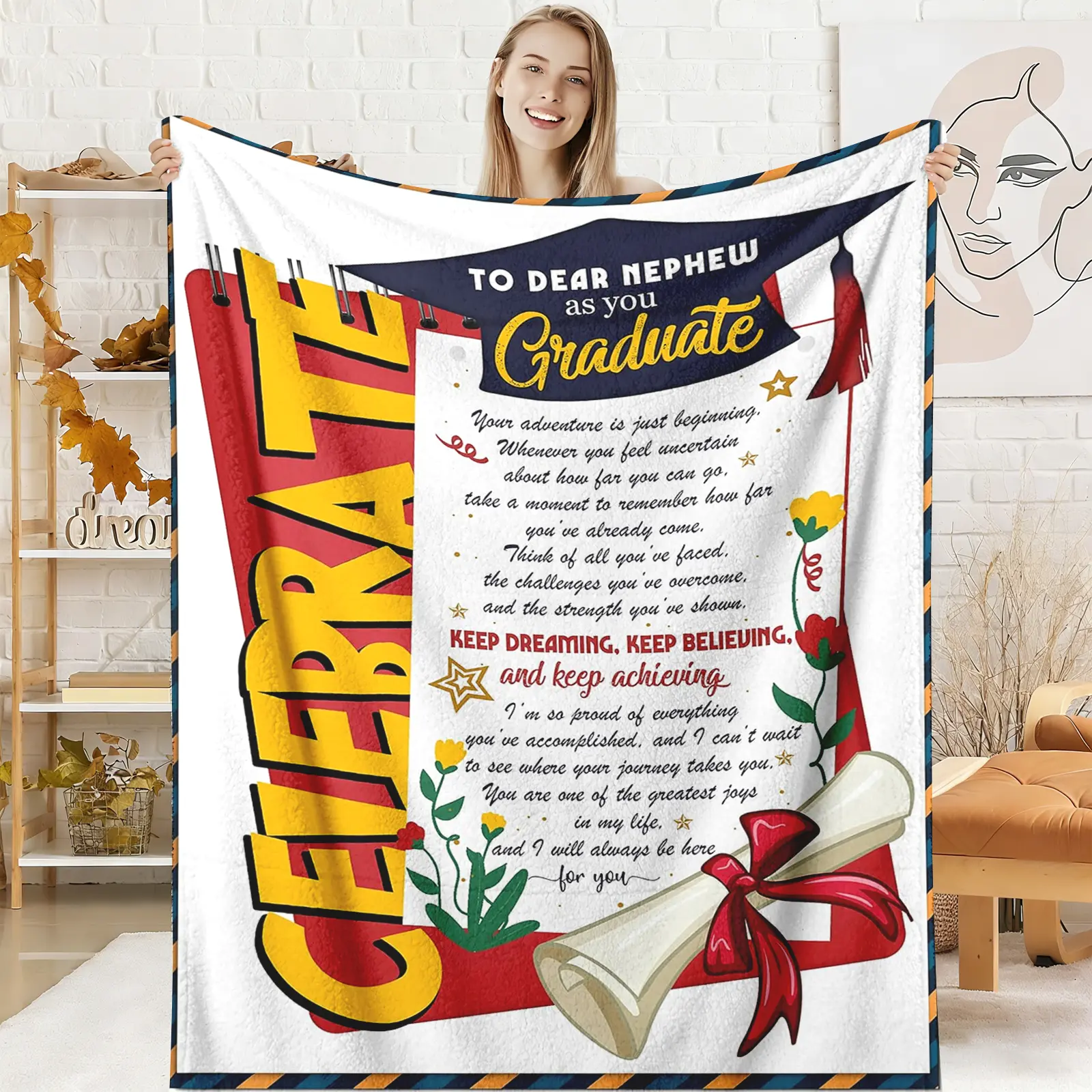 To My Nephew Graduation Graphic Blanket Throws - Red-Blue-Yellow Soft Cozy Warm Flannel Throw, Keep Dreaming Keep Achieving Design, Senior Dorm Bedroom Decor Gift for Him