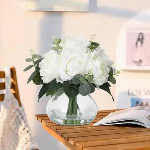4 Roses & 4 Peonies Artificial Flowers in Glass Vase, Real Touch Silk Flower Bouquet with Faux Water for Wedding Centerpieces, Home Table Decor, Dining Room Decorations (White)