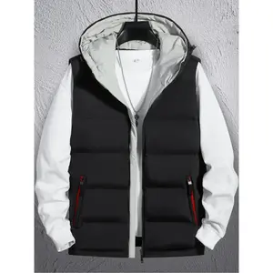 Men's Casual Warm Colorblock Hooded Vest with Drawstring Neckline, Zipper Pockets, Soft Fabric, Fashionable Spring & Fall Outerwear
