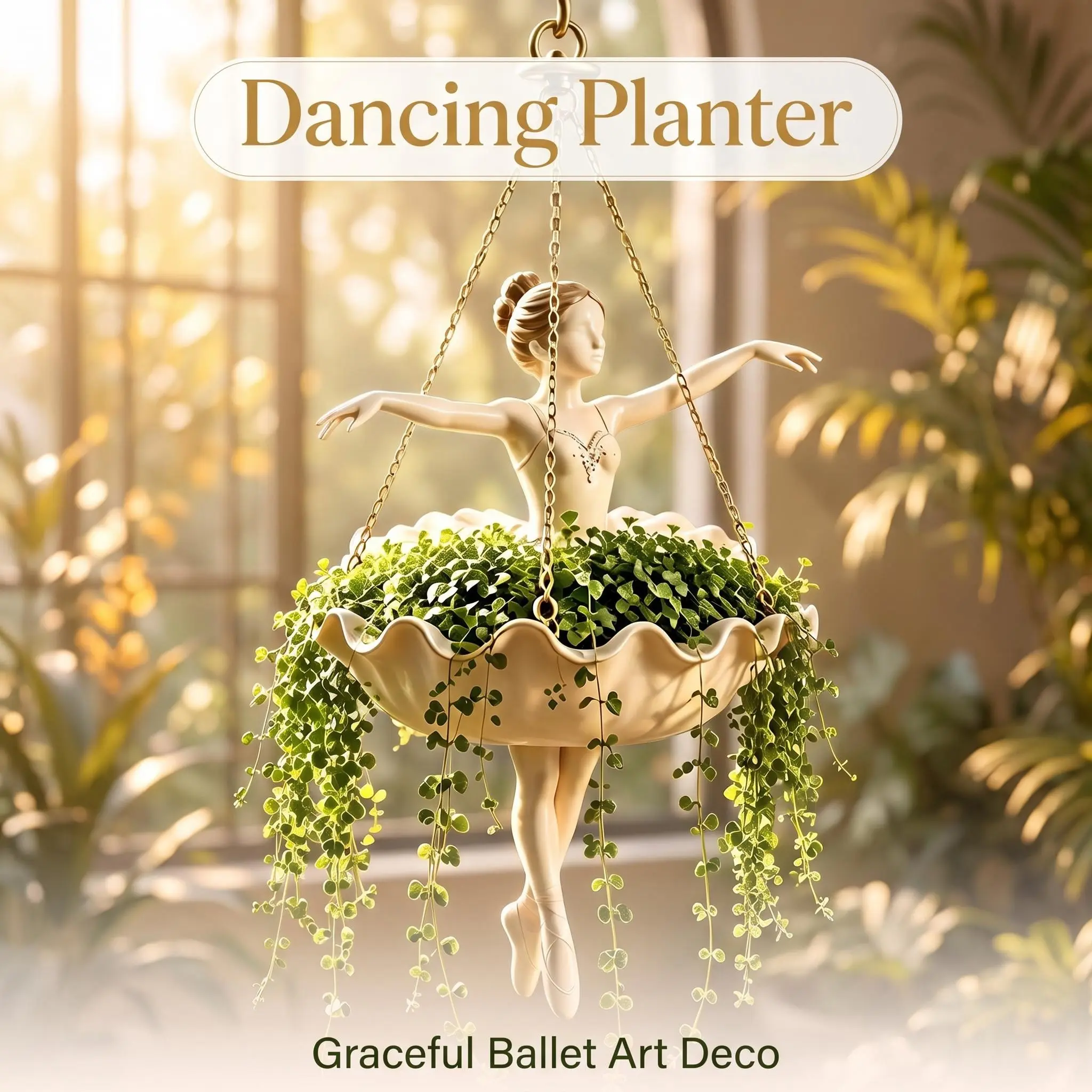Resin Ballet Dancer Hanging Planter with Gold Chains, Indoor-Outdoor Garden Pot for Succulents, Vines, Porch Patio Decor