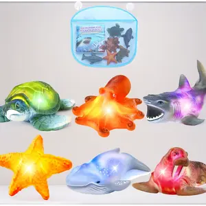 6 Pack LED Floating Bath Toys with Magic Bath Book & Storage Bag for Toddler, No Hole Glowing Ocean Animals with Flashing Color Lights, Sensory Water Table Toy for Kids, Gift for Boys and Girls