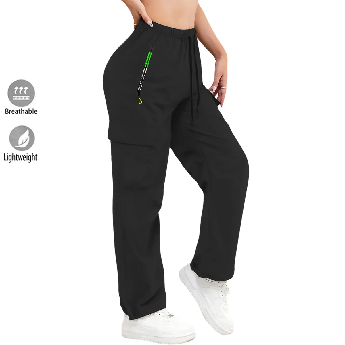 Women’s spring/autumn lightweight casual cargo pants—thin workwear trousers with a drawstring waist, lettered zipper pockets, solid color and minimalist design, suitable for outdoor sports, everyday fashion outfits, and more.