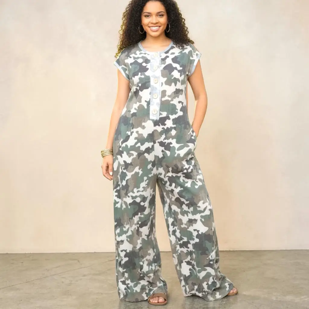 Plus Size Camouflage Wide Leg Jumpsuit, Loose Fit Button-Down in Polyester Spandex with Dolman Sleeves and Pockets, Overalls, Style, Knit, Essential, Women