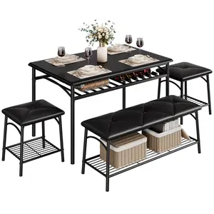 【GARVEE】Kitchen Dining Room Table Set with Upholstered Bench and Square Stools, Metal and Wood Dining Table Set for 4 with Storage, Available in Black and Grey, Ideal for Small Spaces