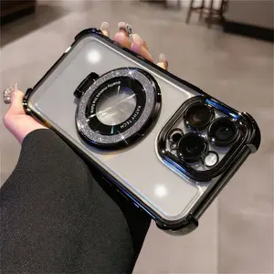 Magnetic Transparent glitter plating bracket for iphone16 Pro Max 15 14 13 iPhone case silicone soft shell TPU shockproof
