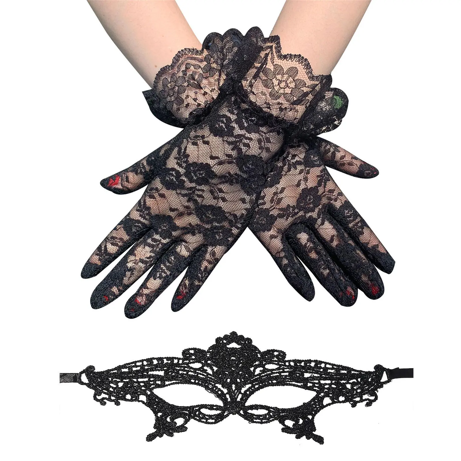 OIDEA Women's Black Lace Venetian Masquerade Eye Mask & Lightweight Short Gloves Set - Fashion Accessories for Halloween Costume Ball, Ideal Gift