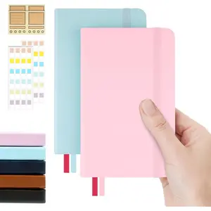 Pocket Dotted Notebook, 2-Pack Dot Grid Notebook, Dotted Journal with Stickers, 3.5" x 5.5" Hardcover, Small Mini A6 size, 160 Pages, 100 gsm Thick Paper, Blush Pink, Sky Blue