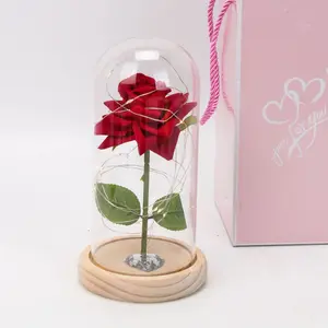 New Valentine's Day Glowing Glass Cover Rose Flower Artificial Flower Gift for Family, Friends, Lover, Teacher, Colleague Home Decoration Fake Roses Ornaments