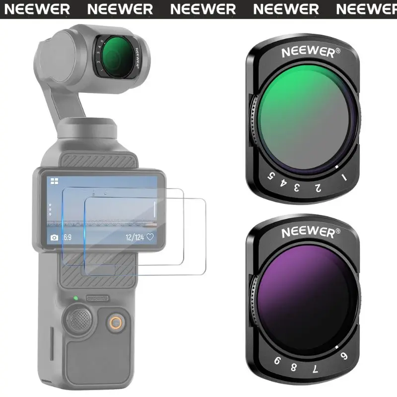 NEEWER Adjustable Aluminium Lens Filter Kit (ND2-ND32 & ND64-ND512) for DJI Osmo Pocket 4 & 3 Creator Combo, Limited Stops Neutral Density Filters, 2 Long Lasting Tempered Screen Protectors, Action Camera Accessory, Cross, Protection