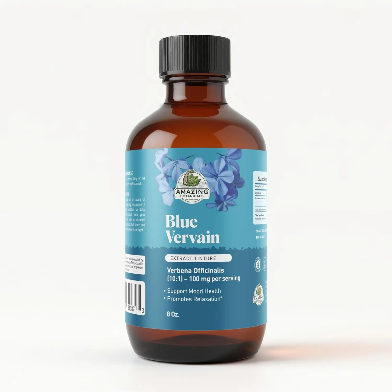 Amazing Botanicals Organic Blue Vervain Concentrated 10X Botanical Extract Tincture - Alcohol-Free, GMO-Free, Edible Dietary Fitness Supplement Liquid - Calm Mind, Nervous & Immune System Support - 8oz/240ml Verbena Hastata