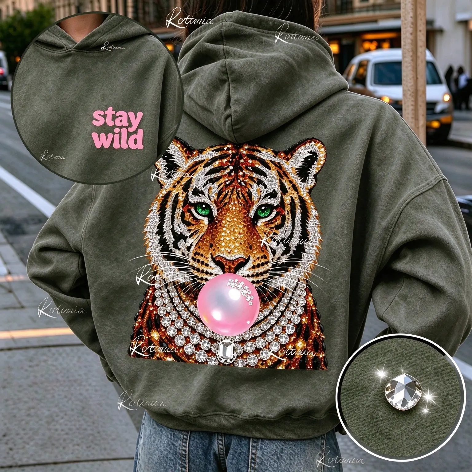Women's Rhinestone Oversized Washed Hoodie - Round Neck, Glam Tiger Graphic, Breathable Cotton, Light Stretch, Bubble Gum Color, Baddie Aesthetic Streetwear, Casual Halloween Top (Hoodies & Tank Top Collection)