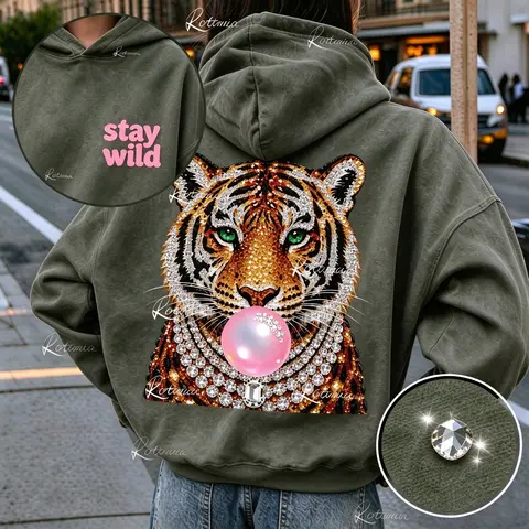 Women's Rhinestone Oversized Washed hoodie  ，Round Neck T-Shirt ，- Glam Tiger Graphic, Breathable Cotton, Light Stretch, Bubble Gum Color, Baddie Aesthetic Streetwear, Casual Halloween Top (Hoodie & Tank Top Collection)