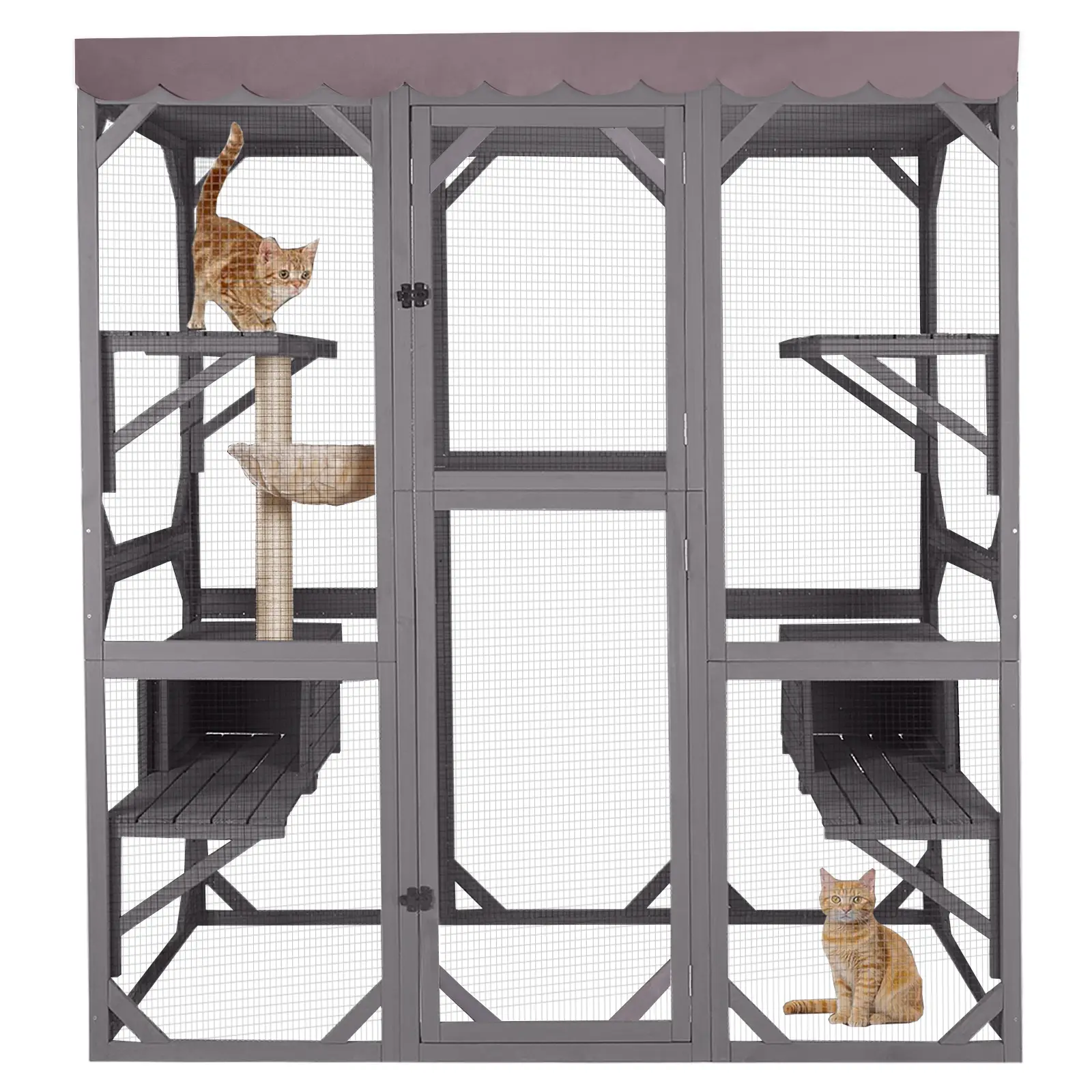 Aivituvin Large Solid Enclosed Walk-In Catio - 5-Level Outdoor Cat Playpen Furniture with Left/Right Scratching Post, Hammock, Vertical Scratcher, 64.2" Tall Wire Mesh Access Door, Ergonomically Friendly, Nontoxic Material, Grey Porch Pet Supplies,familyf