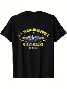 U.S Submarine Force Silent Service Patriotic Veterans Day Printed T-shirt Comfortable, Casual Short Sleeve, Daily Wear, All Season, Black, Men 220g