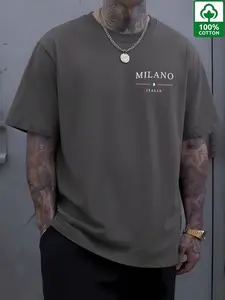 Men's 100% Cotton Milano Italia Graphic T-Shirt, Italian Style Casual Short Sleeve Tee, Fitted Long Clothing, H Type Silhouette