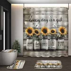 LVRLVR 4Pcs Sunflower Mason Jar Inspirational Quote Print Butterfly Farmhouse Grey Bathroom Shower Curtain Set 70.8×70.8 Inch Gift