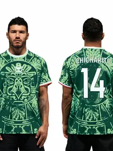 Mexico National Team G. Mora #7 Aztec Calendar Print Soccer Jersey Green Breathable Quick-Dry Mesh Short Sleeve Football Shirt for Mexico Fans CHICHARITO 14 American Soccer Enthusiasts & Collectors Sports Top