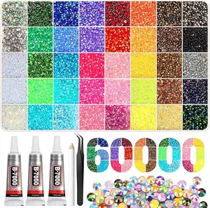 60000Pcs Resin Rhinestones 3mm Jelly AB 40Colors for Bedazzling Glitter Kit DIY, Multicolor Crystal Diamond Pearls with 3Pcs 10ml B7000 Jewelry Glue for Bedazzled Nail Art Supplies Decoration