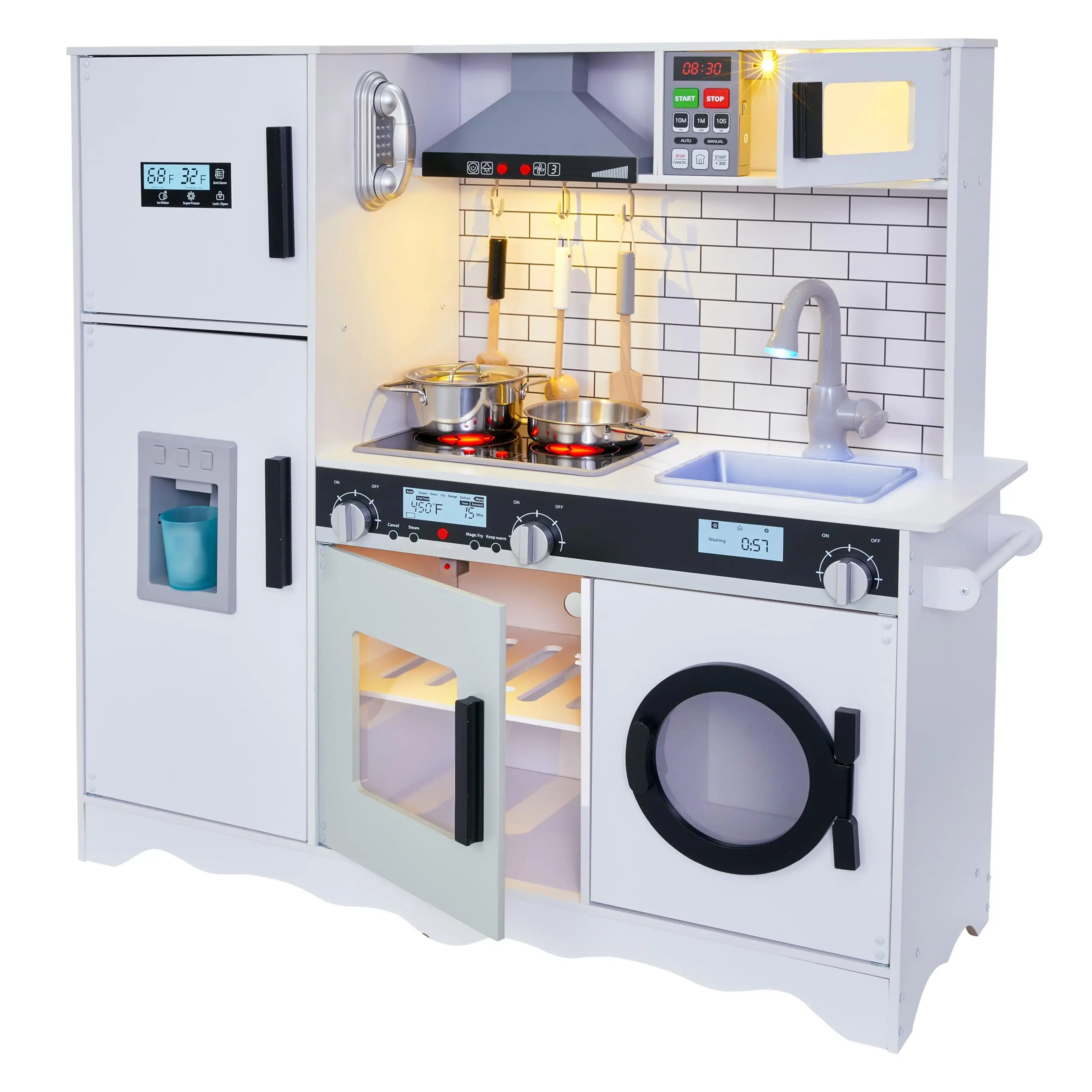 Lil’ Jumbl Kids Kitchen Set, Pretend Wooden Play Kitchen, Battery Operated Icemaker, Microwave, Range Hood, Stove Top, Oven, with Realistic Sound & Lights, Pots, Pan, & Utensils Included