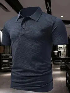 Men's Ice-Cool Lightweight Pure Color Smooth Fabric Geometric Grid Business Elegant Casual Polo Shirt, Fashion Comfort Design, Suitable for Daily Wear
