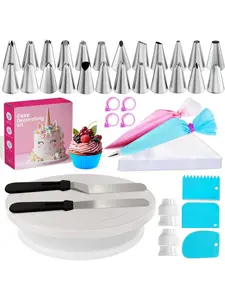 94 pcs Cake Decorating Kit with Cake Turntable - Includes 50pcs 16 Inch Disposable + 2 Reusable Piping Bags and Tips Set, 24 Icing Piping Tips, 2 Spatulas, 3 Icing Comb Scraper, 6 Cake Liners