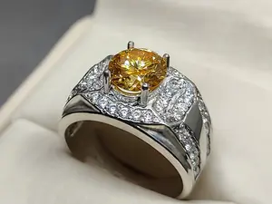 Diamond Cut 2 Carat Golden Moissanite Diamond Sterling Silver 925 Handmade Channel Set Ring Men's Engagement Ring